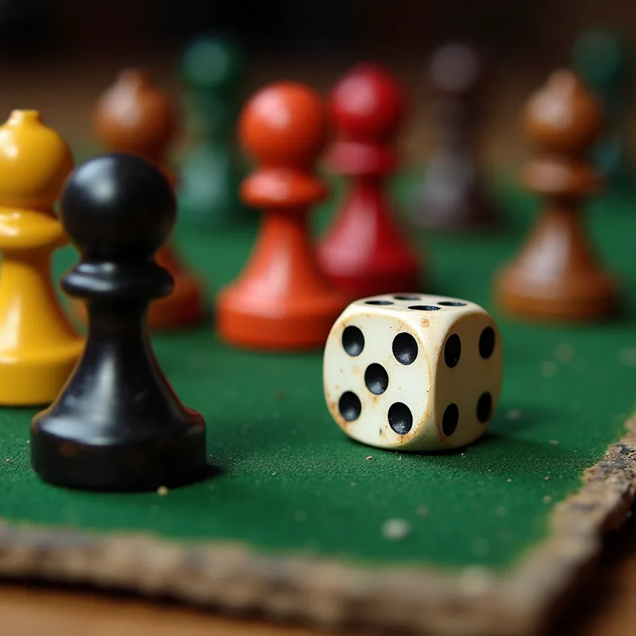 Pions en bois et dé usé sur un tapis de feutre