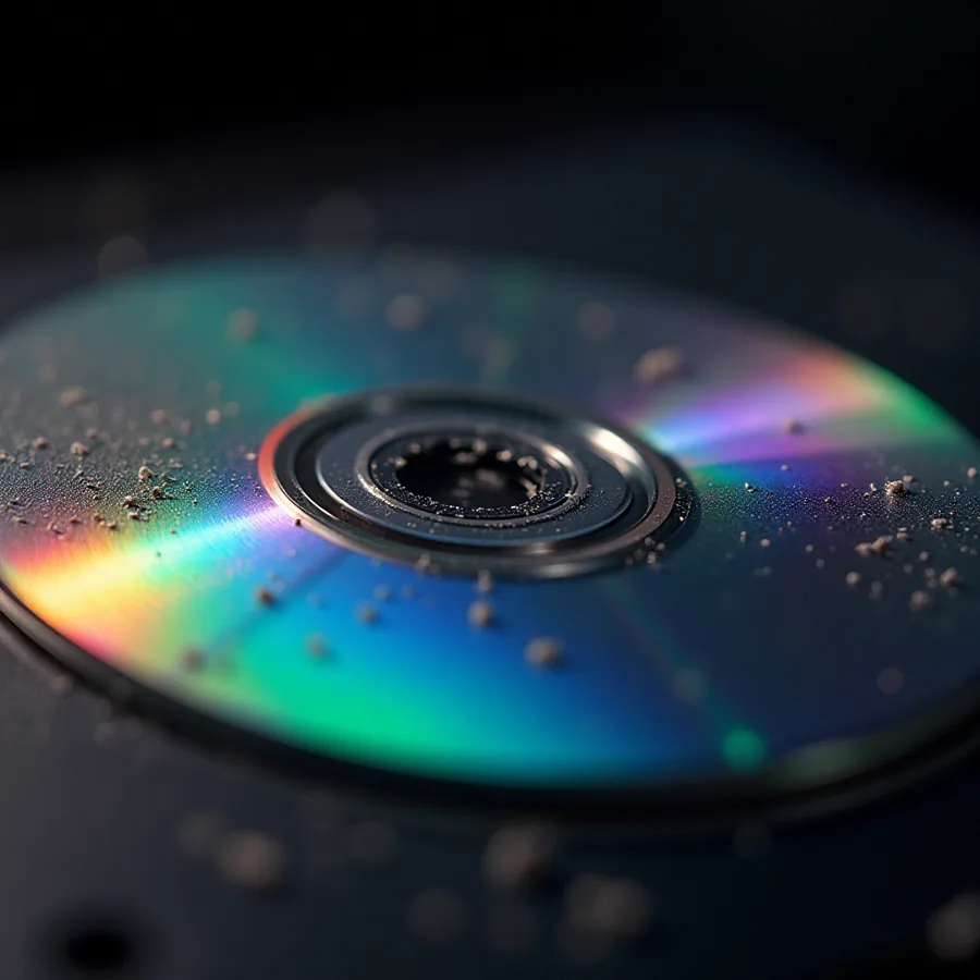 Reflets irisés sur la tranche d’un disque
