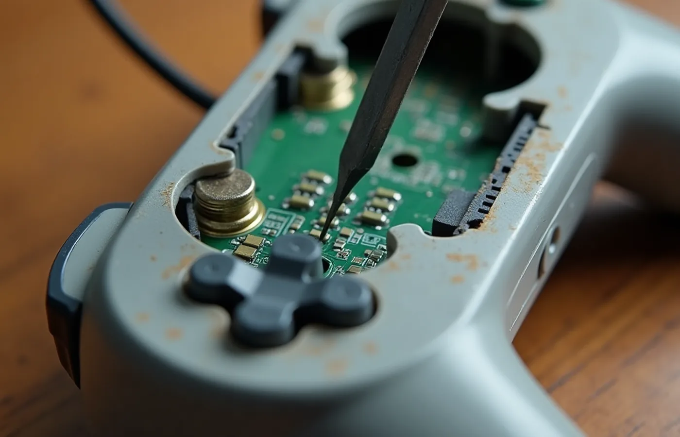 Outils posés sur une manette ouverte, circuit imprimé visible